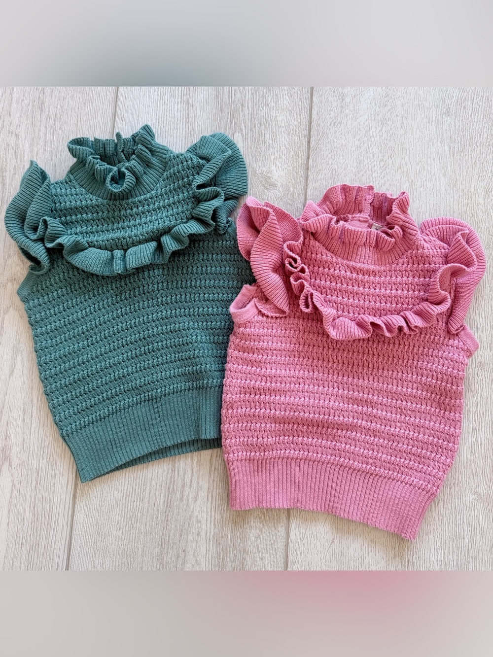 Janie and Jack Girls Size 3 Ruffle Sweater Vest Bundle Pink Green 2 Pc